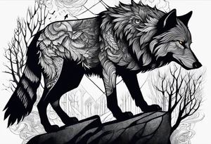 main character is an impressive powerful wolf, a crow talks to the wolf, background a gloomy mysterious forest tattoo idea