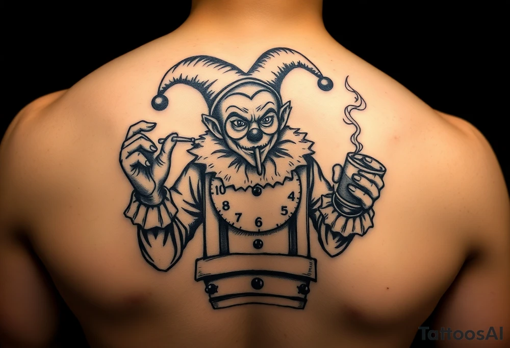 Jack in the box
Box as a clock
Spring as in smoke
Jester clown smoking on one hand drinking on the other tattoo idea