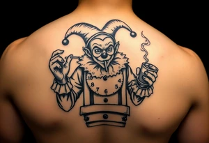 Jack in the box
Box as a clock
Spring as in smoke
Jester clown smoking on one hand drinking on the other tattoo idea