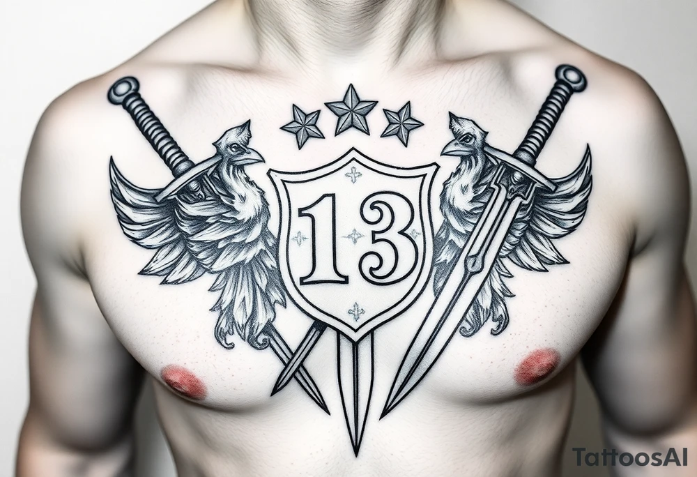 Family crest from Ireland with the Number 13, The Toledo Mudhens Baseball Team, And Demonic And Midevel dagger Featurs Made Into a full chest tattoo tattoo idea