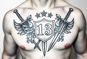 Family crest from Ireland with the Number 13, The Toledo Mudhens Baseball Team, And Demonic And Midevel dagger Featurs Made Into a full chest tattoo tattoo idea