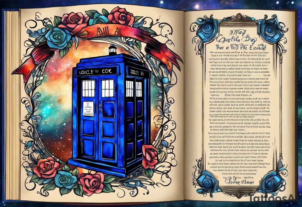 River songs diary from doctor who with the words "We're all stories in the end" I want just the TARDIS blue diary and those words in ribbons or something around the diary.  I want the diary to be closed. The diary has to be closed. tattoo idea
