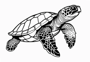 Hawksbill turtle swimming, side view, scuba diving tank attached to turtles back tattoo idea