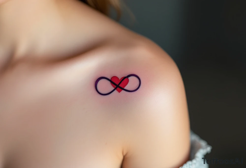 A purple and black shaded infinity symbol wrapping around a red heart in the middle. tattoo idea