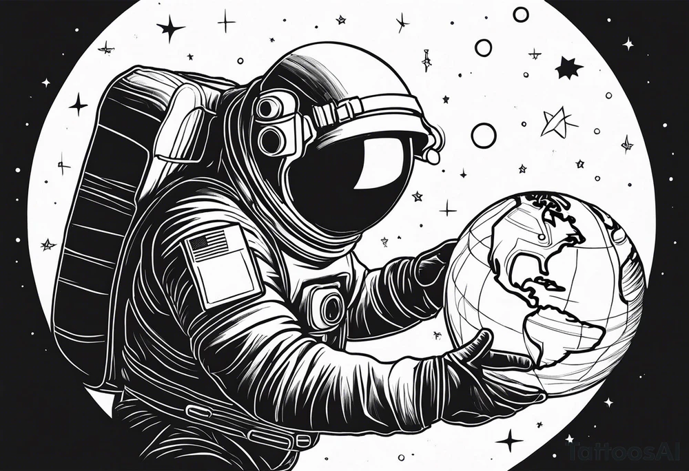 an astronaut hunched over in space from the back holding a planet in his hands tattoo idea