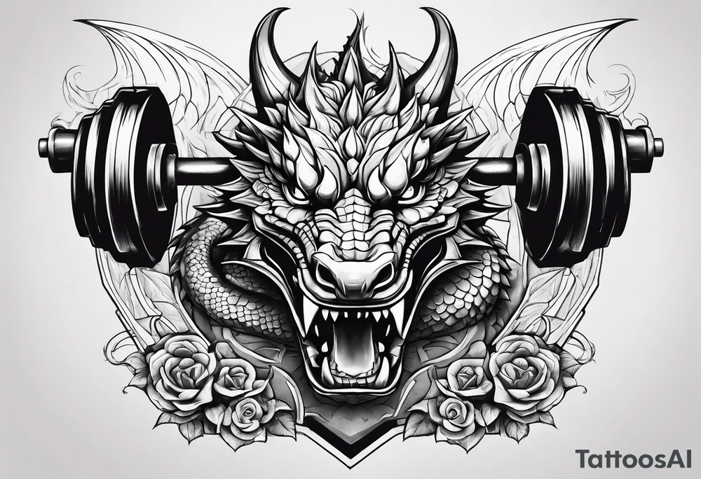 Dragon with dumbbell in mouth tattoo idea