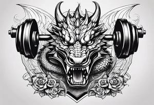 Dragon with dumbbell in mouth tattoo idea