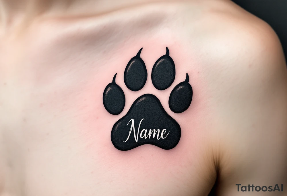 Dog Paw with Name Script – A black paw with soft shading, featuring a handwritten name in warm gray or soft sepia, symbolizing remembrance and loyalty. tattoo idea