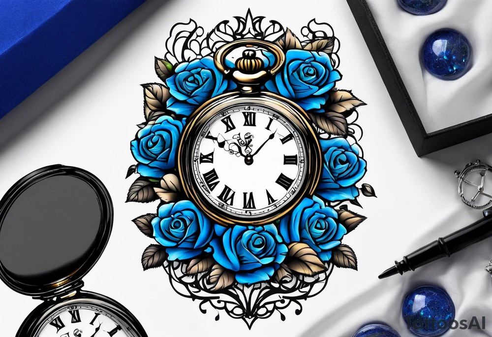 Pocket watch with blue roses tattoo idea