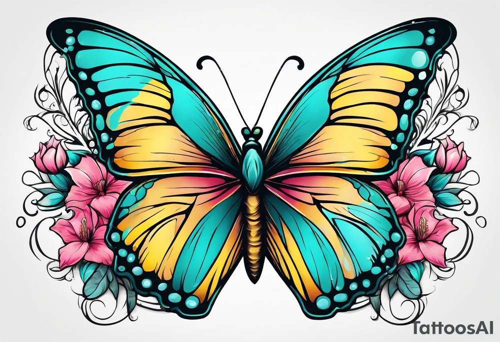 Half butterfly, half flowers, hibiscus, roses, yellow, teal, pink tattoo idea