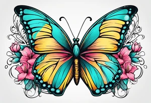 Half butterfly, half flowers, hibiscus, roses, yellow, teal, pink tattoo idea