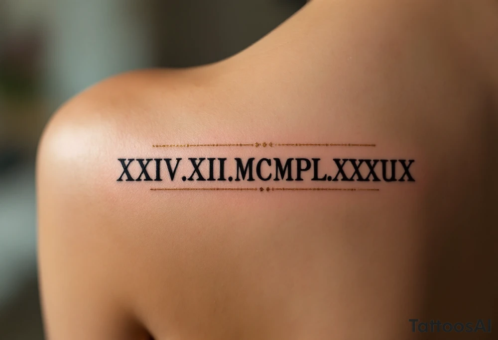 classic XXIV.XII.MCMLXXXIX across the back in solid black with gold accent lines running underneath. tattoo idea