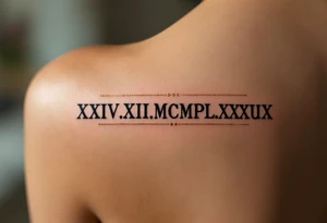 classic XXIV.XII.MCMLXXXIX across the back in solid black with gold accent lines running underneath. tattoo idea