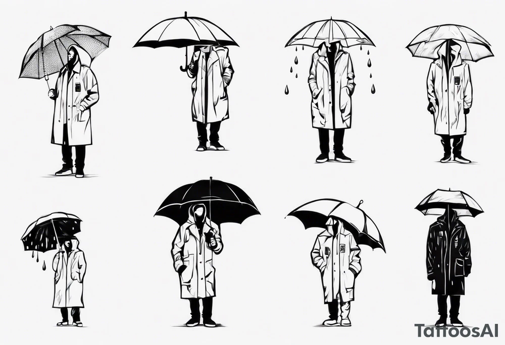 A man in a rain coat holding an umbrella tattoo idea
