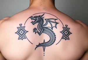 Dragon eating tail surrounded by geometric patterns tattoo idea