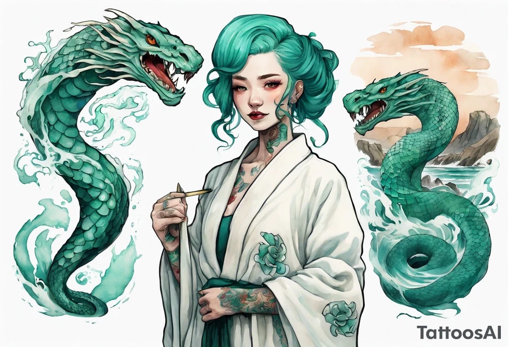 an Irish woman with teal hair wearing a white robe standing next to a sea-serpent tattoo idea