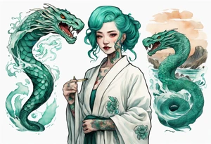 an Irish woman with teal hair wearing a white robe standing next to a sea-serpent tattoo idea