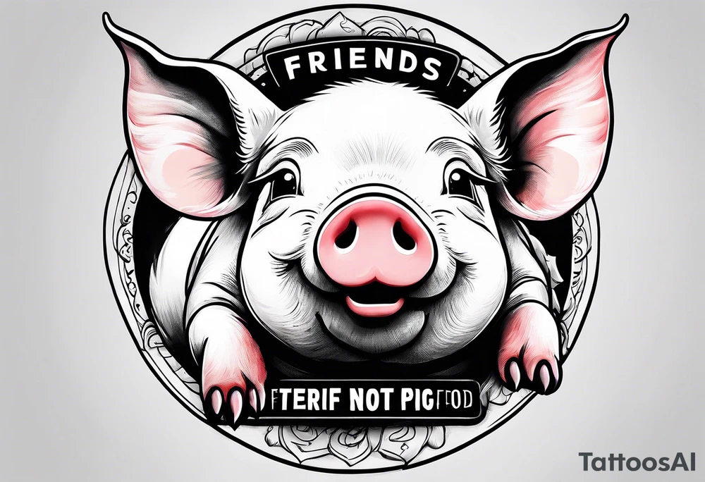 cute pig or piglet.
with text: "friends not food" 
very thin lines
cartoonish style tattoo idea