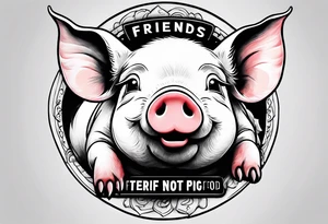 cute pig or piglet.
with text: "friends not food" 
very thin lines
cartoonish style tattoo idea