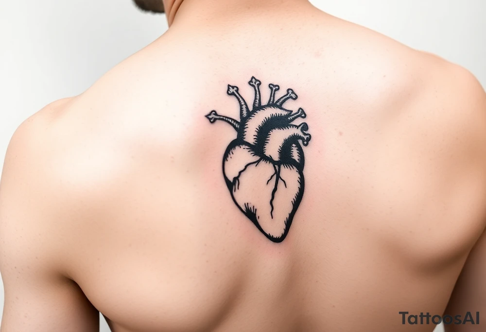 woodcut realistic heart etching tattoo on back of tricep tattoo idea