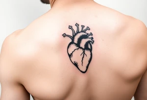 woodcut realistic heart etching tattoo on back of tricep tattoo idea