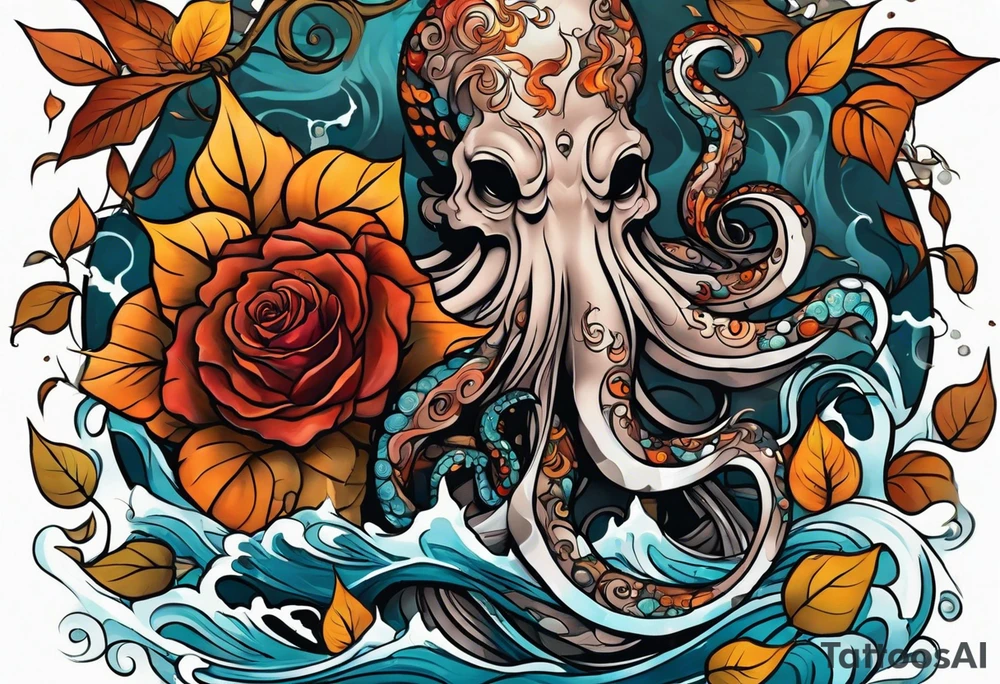 masculine abstract left thigh tattoo with a large long flowing octopus in water swirls wrapping around rocks, with a rose, in fall colors with some small leaves and fall elements tattoo idea
