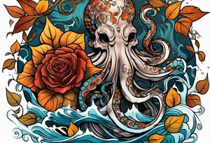 masculine abstract left thigh tattoo with a large long flowing octopus in water swirls wrapping around rocks, with a rose, in fall colors with some small leaves and fall elements tattoo idea