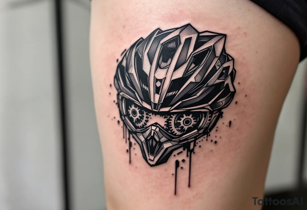 A cycling helmet design with gears etched into the sides, with the helmet representing protection and safety, and the gears symbolizing the technical side of cycling, shaded in bold black with small highlights of silver. tattoo idea
