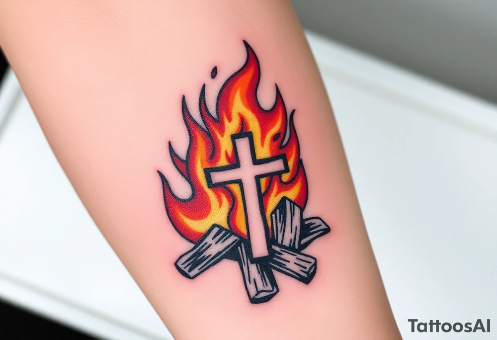 Campfire with a cross hidden in the flames tattoo idea