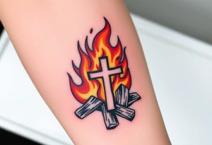 Campfire with a cross hidden in the flames tattoo idea