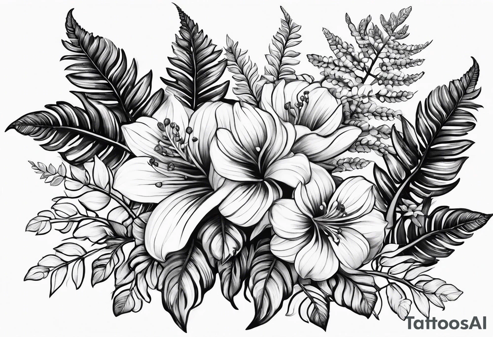 Fern leaf and flower tattoo idea