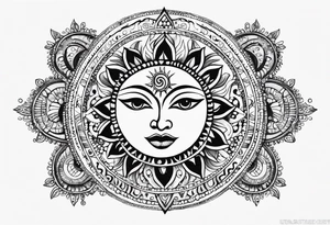 Mexican feminine alien Sun and moon. Freeform rectangular sternum swirls with dots and stars tattoo idea