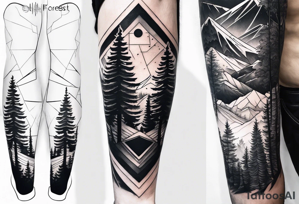 Forest ocean geometric male full leg sleeve tattoo idea