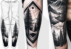 Forest ocean geometric male full leg sleeve tattoo idea