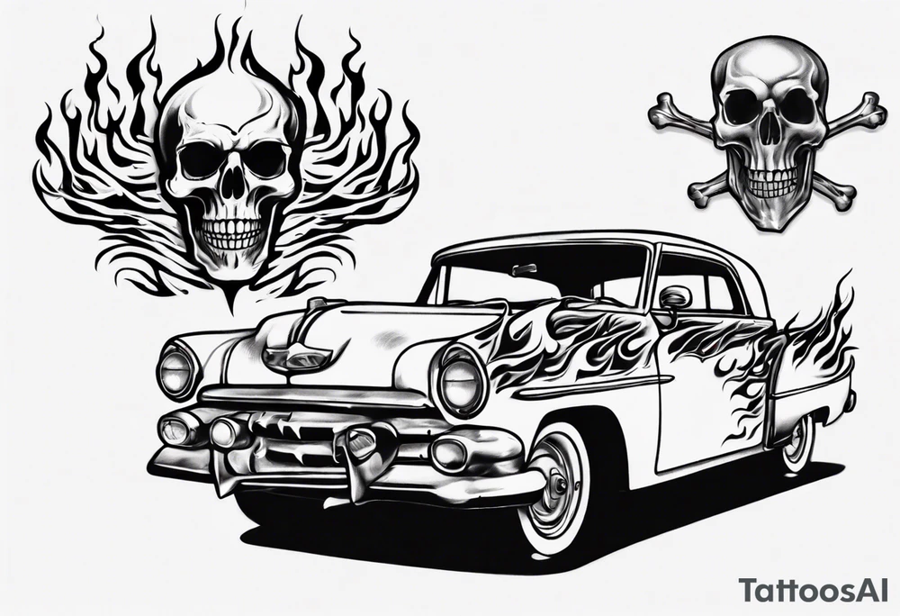 An old vintage classic car with flames coming out of the bonnet and a skeleton head at the top of the flames tattoo idea