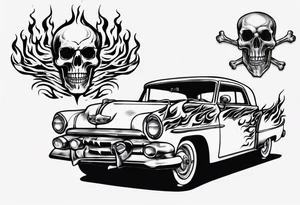 An old vintage classic car with flames coming out of the bonnet and a skeleton head at the top of the flames tattoo idea