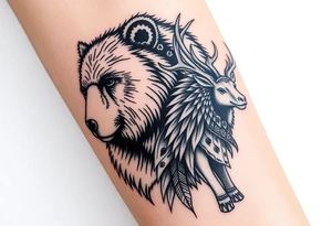 Indigenous, Majestic, and Powerful male Goliath Grizzly Bear and an Indigenous, Majestic, and Powerful King Elk guarding an Indigenous, Majestic, and Powerful Raven haired Warrior Squaw tattoo idea