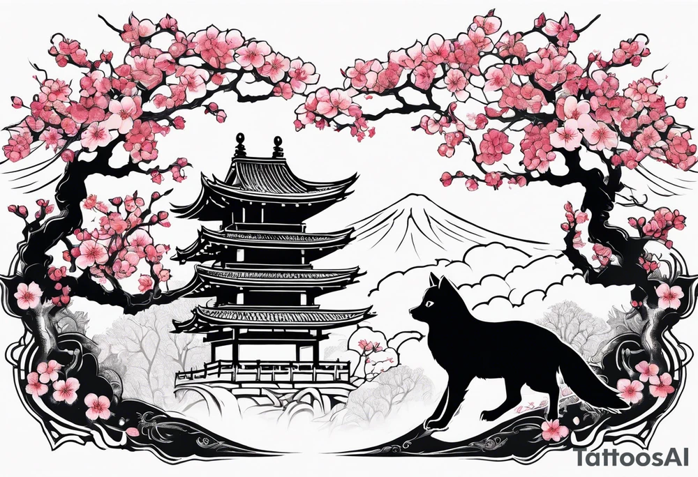 Cherry blossom forest with kitsune silhouette and an owl silhouette tattoo idea