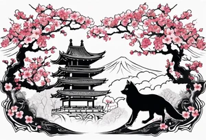 Cherry blossom forest with kitsune silhouette and an owl silhouette tattoo idea