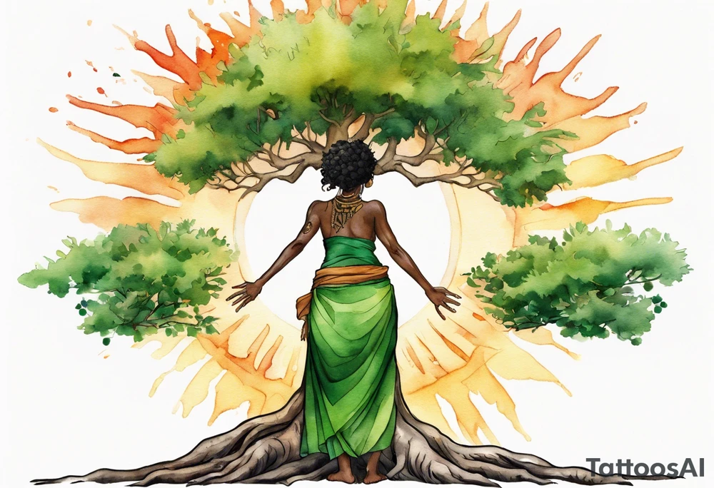 a tree trunk with roots that is a black woman from the waist up, feet made of tree roots, wearing a green tunic, arms stretched upwards towards the blazing sun tattoo idea