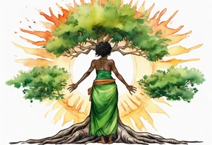a tree trunk with roots that is a black woman from the waist up, feet made of tree roots, wearing a green tunic, arms stretched upwards towards the blazing sun tattoo idea