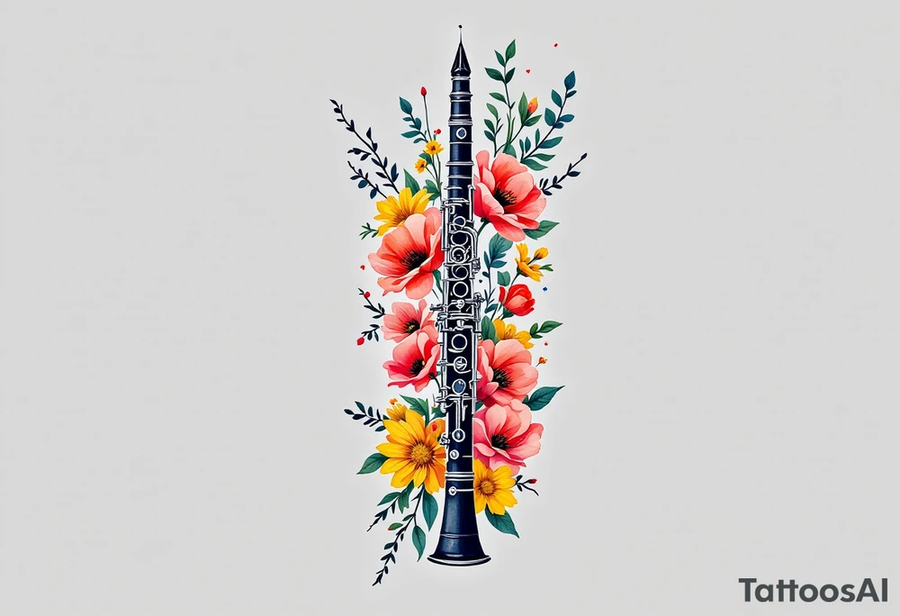 Clarinet and Floral Arrangement – A detailed black clarinet surrounded by a vibrant bouquet of flowers like red poppies, yellow daisies, and green leaves, symbolizing the blend of classical music and nature. tattoo idea
