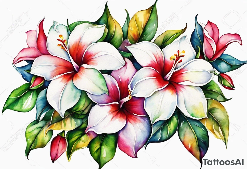 white background, abstract mandevilla flowers on a vine, part of it watercolor, part of it just line work tattoo idea