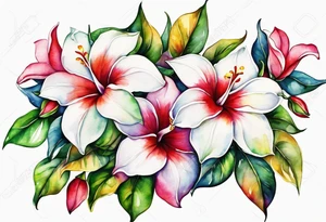 white background, abstract mandevilla flowers on a vine, part of it watercolor, part of it just line work tattoo idea