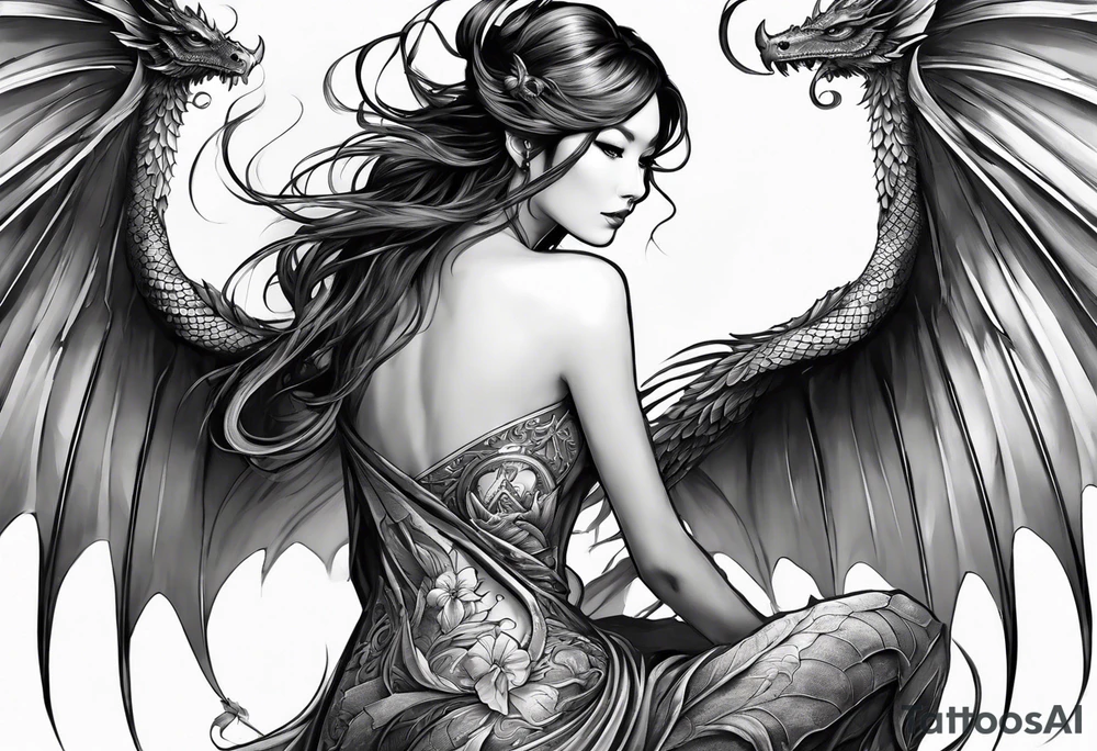 beautiful warrior nymph with large wings coming out of her back and a dragon friend tattoo idea