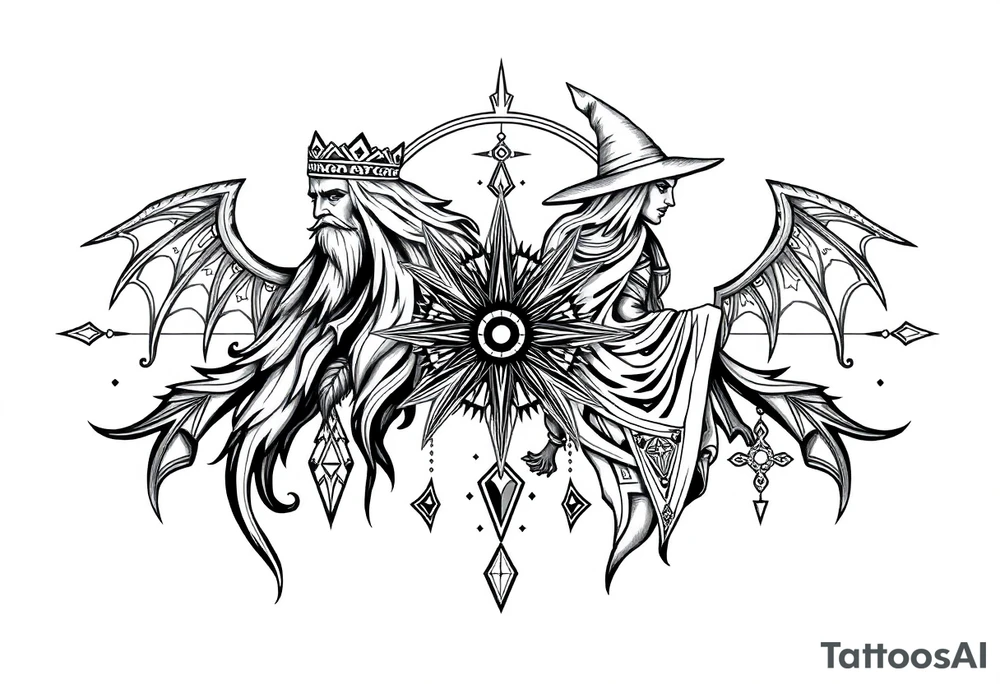 long shaman and witch abstracstyle mytical with ancient rhyme tattoo idea