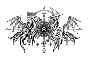 long shaman and witch abstracstyle mytical with ancient rhyme tattoo idea