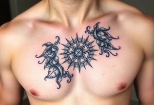 Chest tattoo with Roman stoic theme with sun dial compass tattoo idea