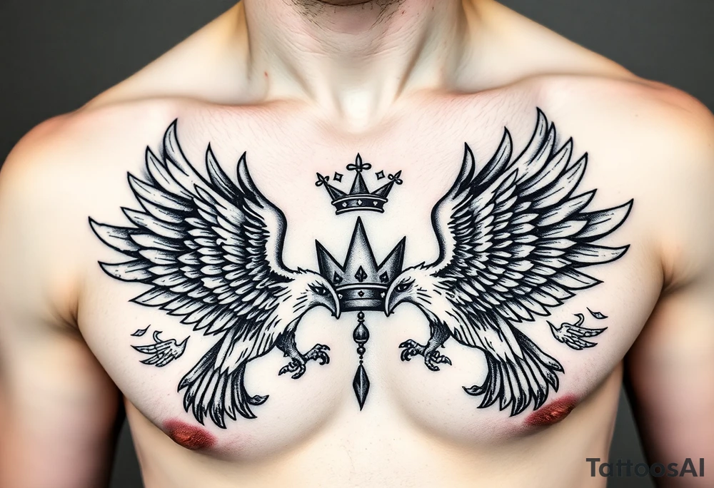 Chest tattoo,powerful two symetrical majestic eagles, surrounded by lure ornaments , between eagles a crown tattoo idea