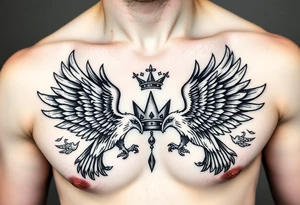 Chest tattoo,powerful two symetrical majestic eagles, surrounded by lure ornaments , between eagles a crown tattoo idea
